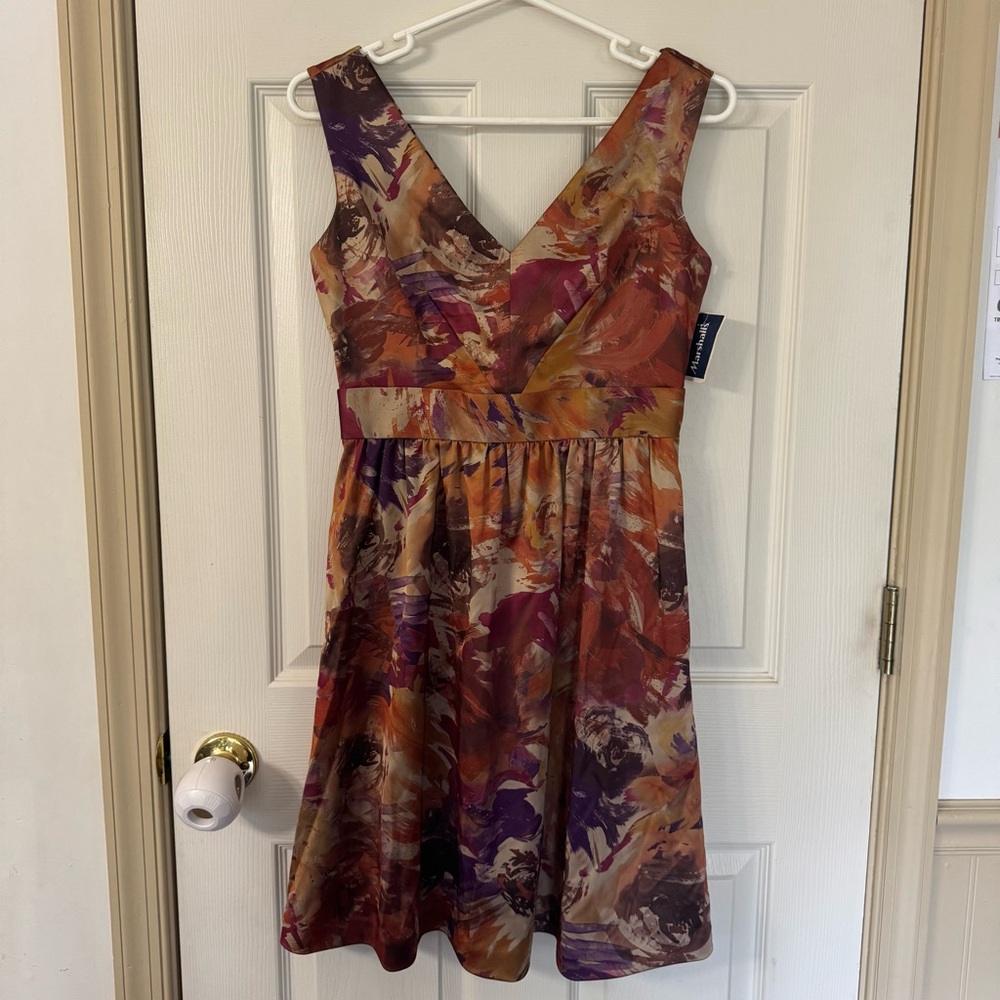 Kay Unger Sleeveless Brushstroke Floral Dress Size 6 Cocktail V Neck NWT $140